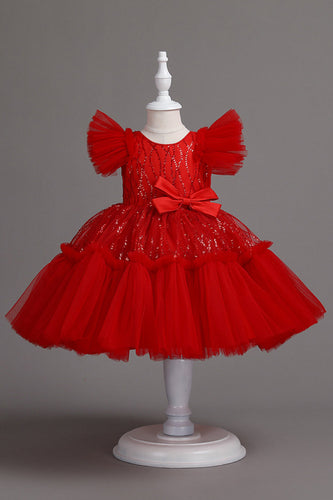 En Line Jewel Neck Red Girl Dress med Bowknot