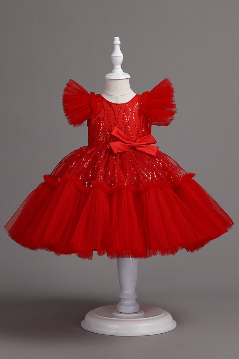 Load image into Gallery viewer, En Line Jewel Neck Red Girl Dress med Bowknot