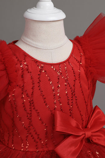 En Line Jewel Neck Red Girl Dress med Bowknot
