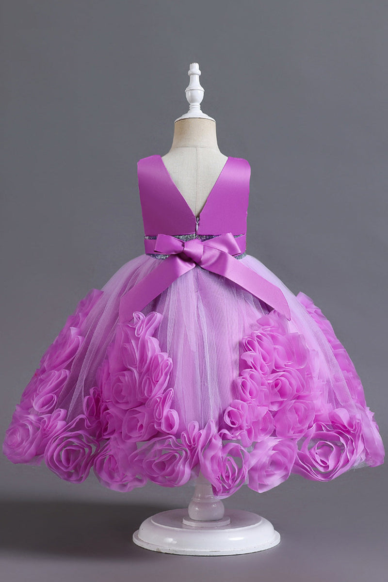 Load image into Gallery viewer, Fuchsia A Line Sequin Flower Girls&#39; Party Dress med sløyfe