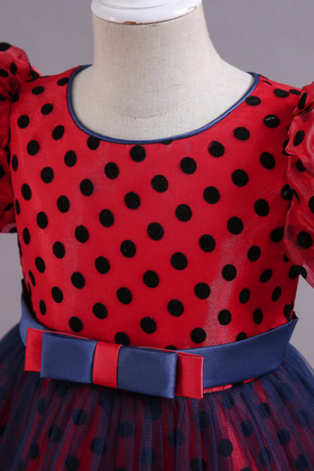 Red Polka Dots Bow Girls' Dress med Puff Sleeves