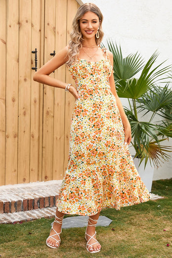 Gul blomstertrykt sommer casual kjole med volanger