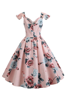 Rosa blomstertrykt swing kjole fra 1950-tallet