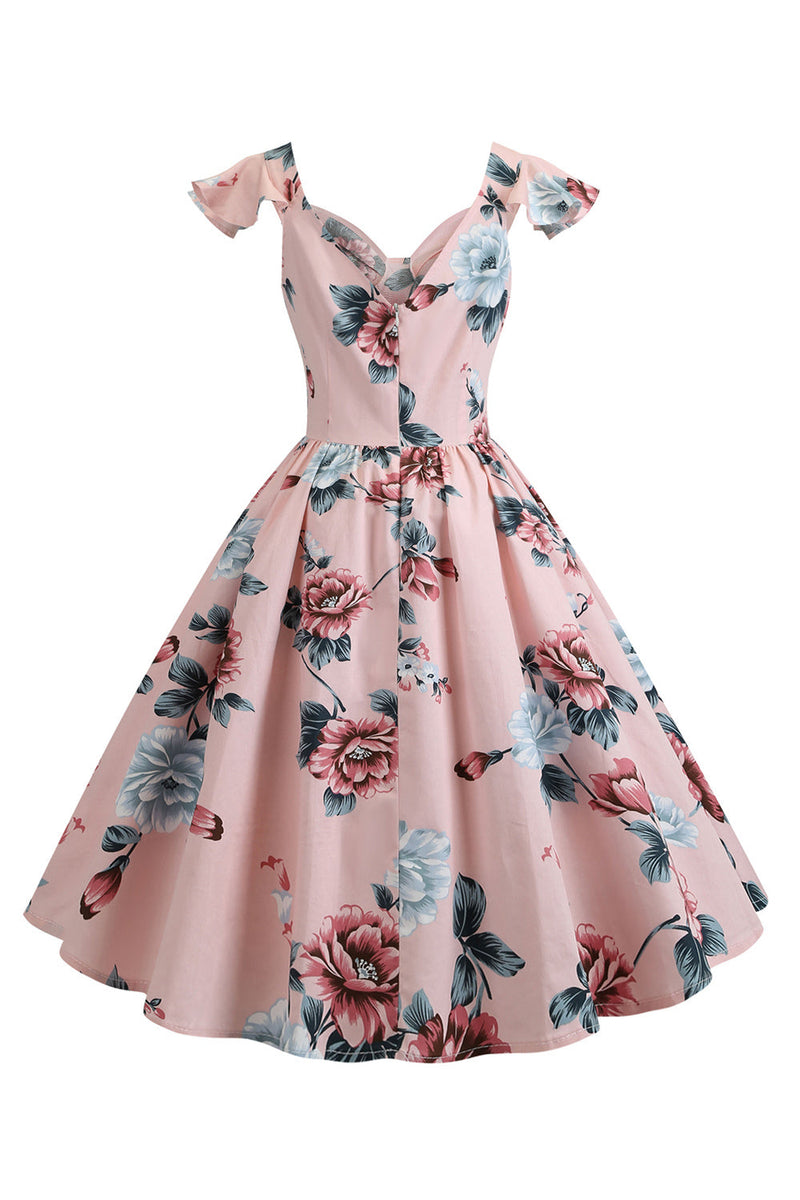 Load image into Gallery viewer, Rosa blomstertrykt swing kjole fra 1950-tallet