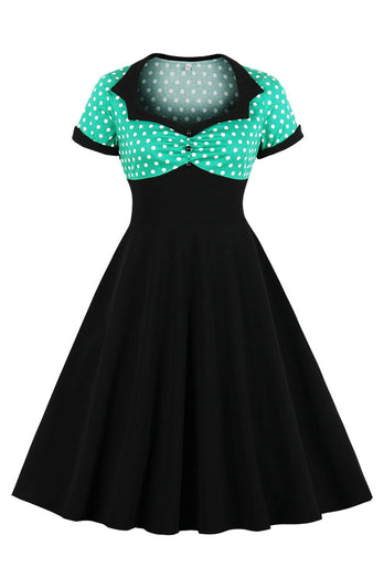 Black Polka Dots Swing 1950-tallet kjole med korte ermer