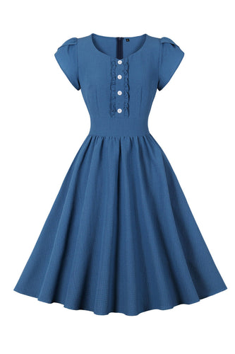 Blue Plaid Swing 1950-tallet Kjole med Ruffles
