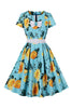 Load image into Gallery viewer, Blå blomst print korte ermer vintage kjole