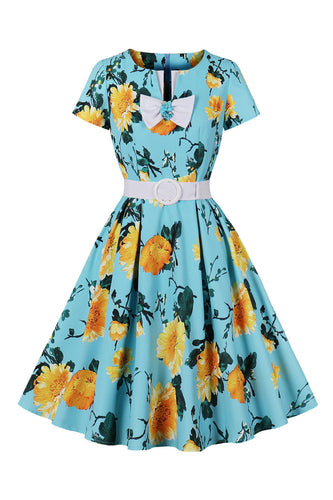 Blå blomst print korte ermer vintage kjole