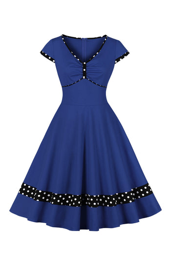 Mørk blå V Neck Polka Dots Swing 1950 Kjole