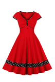 Mørk blå V Neck Polka Dots Swing 1950 Kjole