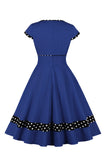 Mørk blå V Neck Polka Dots Swing 1950 Kjole