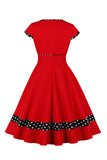 Mørk blå V Neck Polka Dots Swing 1950 Kjole