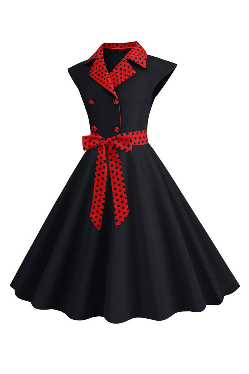 Load image into Gallery viewer, Black Polka Dots Swing 1950-tallet kjole med sløyfe