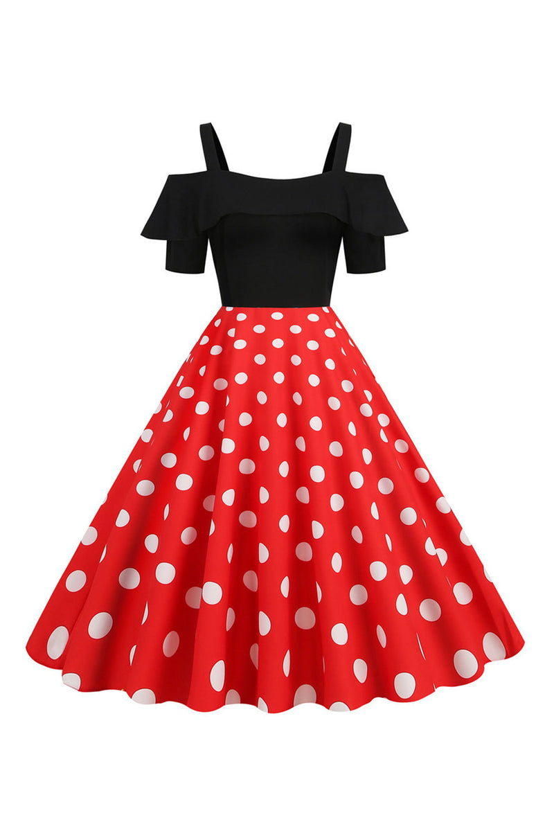 Load image into Gallery viewer, Svart kald skulder Polka Dots kjole fra 1950-tallet