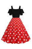 Svart kald skulder Polka Dots kjole fra 1950-tallet