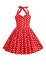 Load image into Gallery viewer, Halter Red Vintage Polka Dot 50&#39;s Girls kjole med sløyfe
