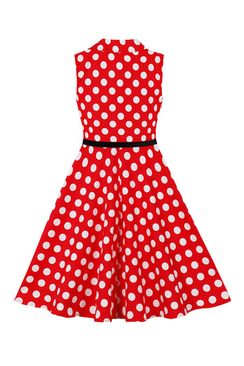 V-Neck Red Vintage Polka Dot 50's Girls kjole med belte