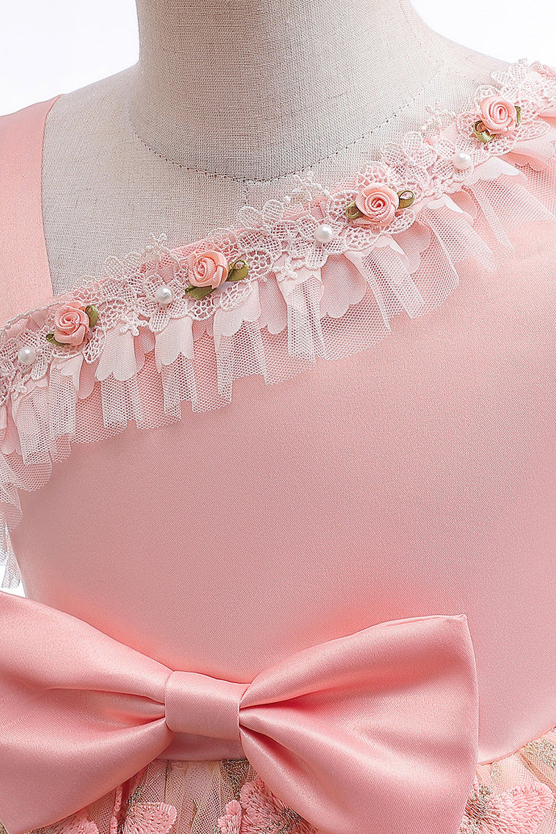 Load image into Gallery viewer, En linje rosa sløyfe jenter kjole med appliques