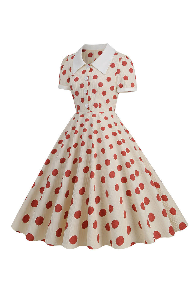Load image into Gallery viewer, Røde prikker vintage kjole med korte ermer