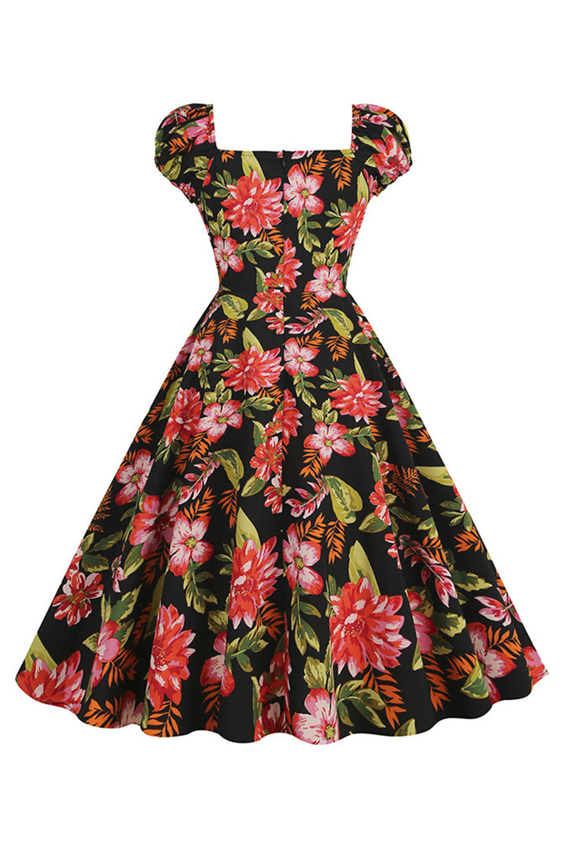 Load image into Gallery viewer, Svart blomsterprint Swing retro kjole med korte ermer