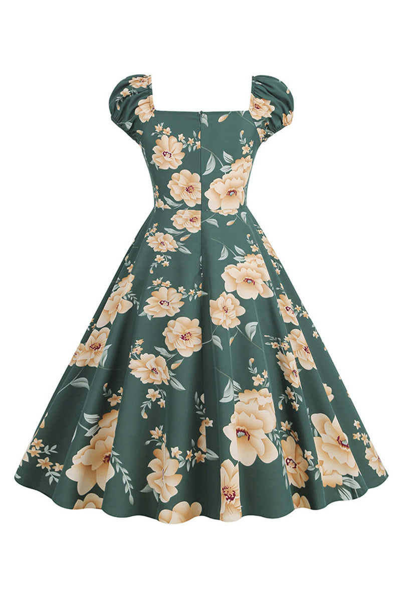 Load image into Gallery viewer, Svart blomsterprint Swing retro kjole med korte ermer