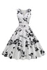 Load image into Gallery viewer, Svart V Neck Print ermeløs kjole fra 1950-tallet