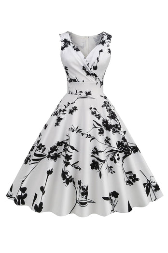 Svart V Neck Print ermeløs kjole fra 1950-tallet