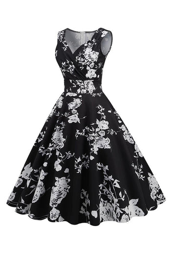 Svart V Neck Print ermeløs kjole fra 1950-tallet