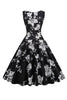 Load image into Gallery viewer, Svart V Neck Print ermeløs kjole fra 1950-tallet