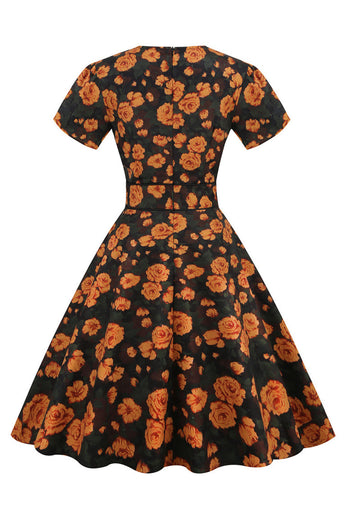 Rosa V Neck Flower Print Swing Vintage kjole