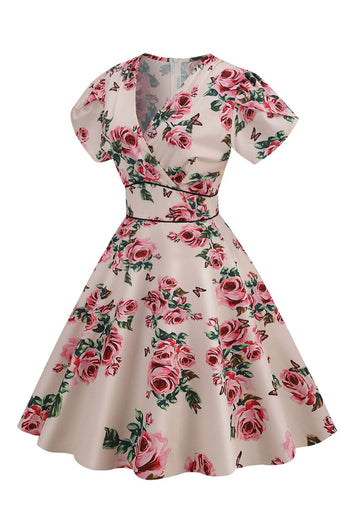 Rosa V Neck Flower Print Swing Vintage kjole