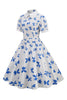 Load image into Gallery viewer, Hvitt trykk korte ermer Vinrage kjole