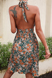 Halter Neck Green Flower Print Sommerkjole