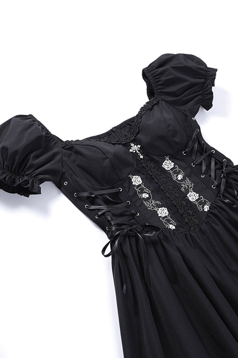 Load image into Gallery viewer, Puff ermer svart kjole fra 1950-tallet med blonder