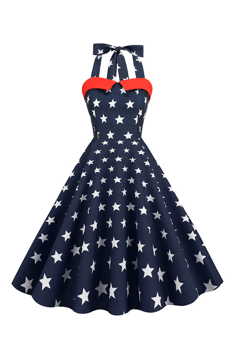 Load image into Gallery viewer, Røde stjerner trykket Halter kjole fra 1950-tallet