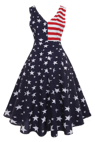 Navy V-Neck Stjerner Striper Trykt 1950-tallet kjole
