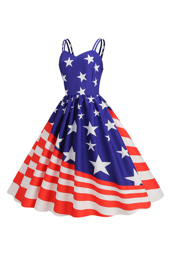 Blue Stars Stripes Trykt Spaghetti stropper 1950-tallet kjole