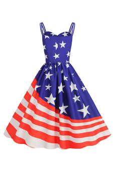 Blue Stars Stripes Trykt Spaghetti stropper 1950-tallet kjole