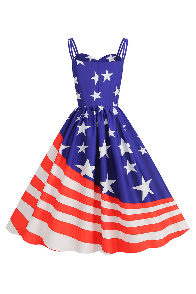 Load image into Gallery viewer, Blue Stars Stripes Trykt Spaghetti stropper 1950-tallet kjole