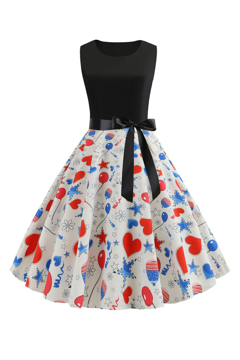 Load image into Gallery viewer, Svart trykt ermeløs kjole fra 1950-tallet med belte