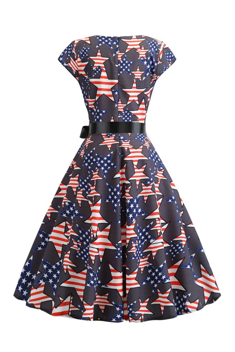 Load image into Gallery viewer, Black Cap Ermer American Flag Trykt Vintage Dress