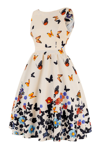 Butterfly Print Ermeløs aprikos 1950-tallet kjole