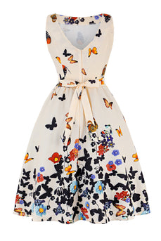 Butterfly Print Ermeløs aprikos 1950-tallet kjole