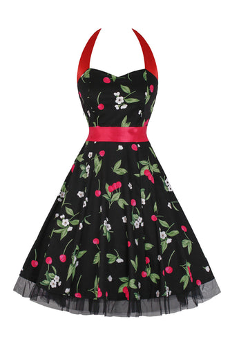 Hepburn Style Halter Tulle Black Trykt kjole fra 1950-tallet