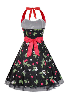 Hepburn Style Halter Tulle Black Trykt kjole fra 1950-tallet