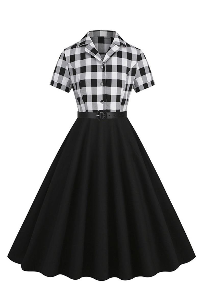 Load image into Gallery viewer, V-hals korte ermer rutete svart kjole fra 1950-tallet med belte
