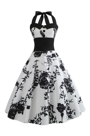 Halter trykt hvit kjole fra 1950-tallet med knapp