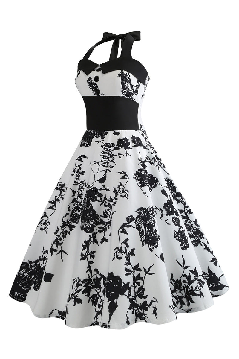 Load image into Gallery viewer, Halter trykt hvit kjole fra 1950-tallet med knapp