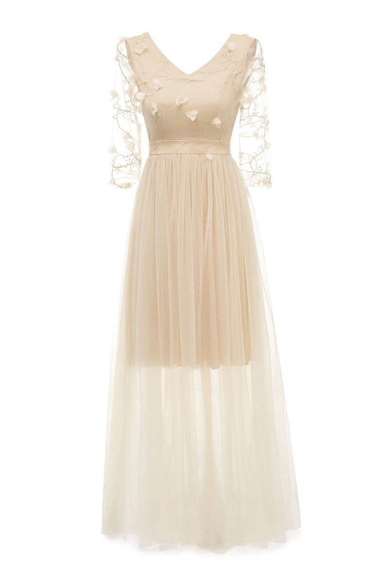 Load image into Gallery viewer, Aprikos tyll langermet vintage kjole med applikasjoner