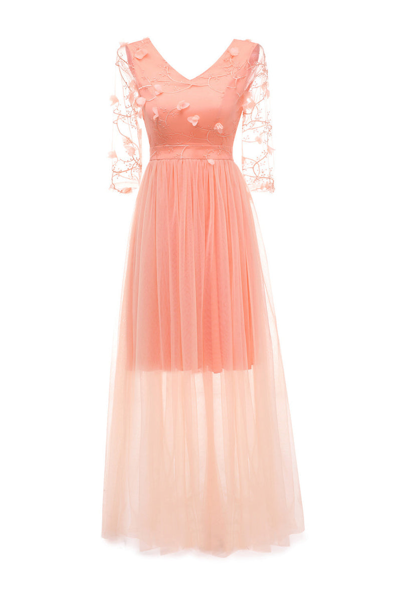 Load image into Gallery viewer, Aprikos tyll langermet vintage kjole med applikasjoner